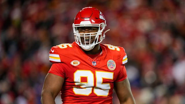 Kansas City Chiefs defensive tackle Chris Jones (95) reacts during the second half against the Buffalo Bills at GEHA Field at Arrowhead Stadium.